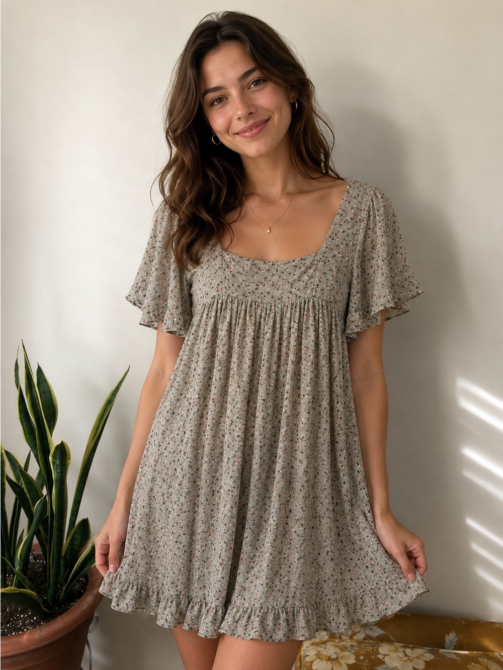 Hudson Bay Sage Green Floral Babydoll Dress